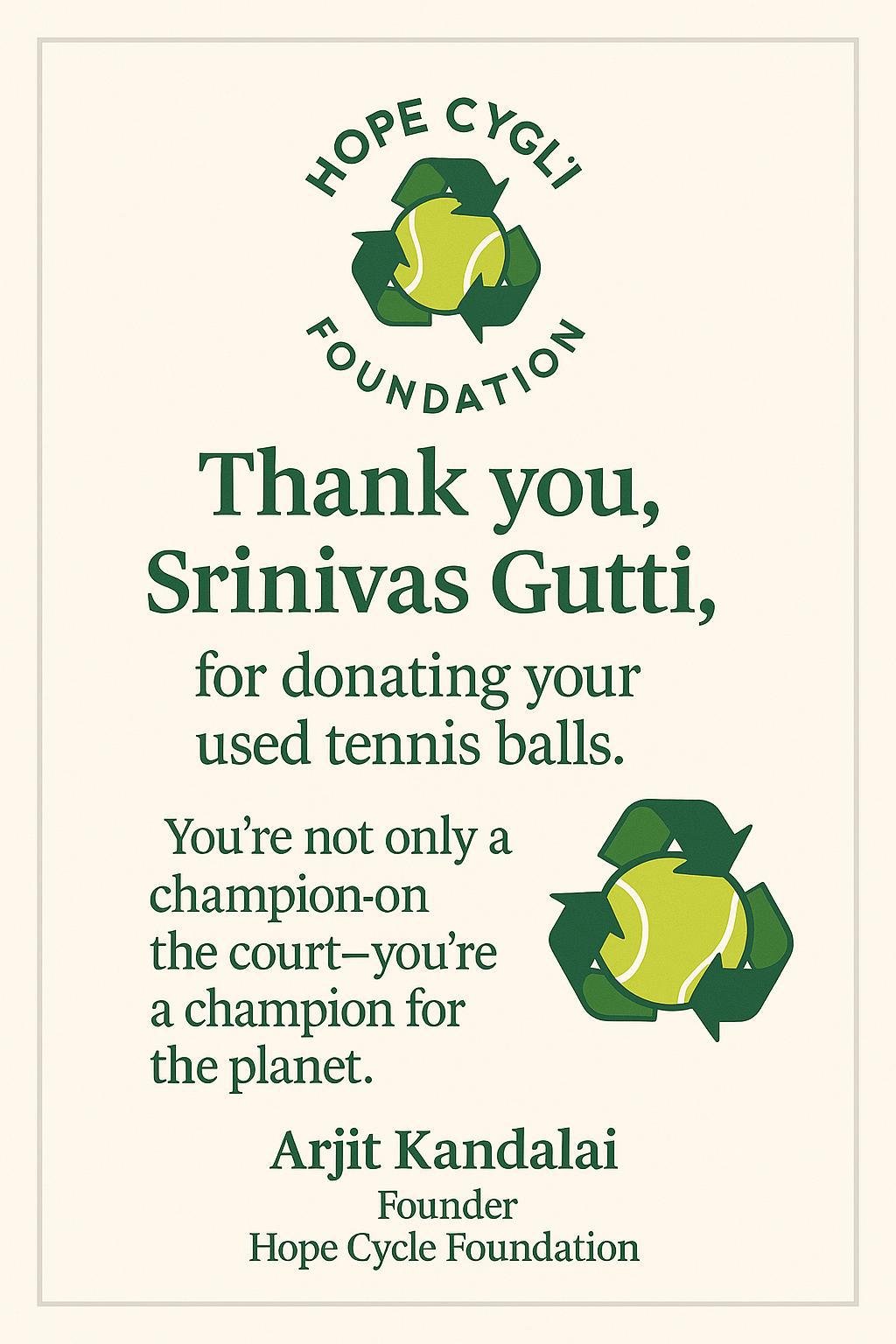 Thank you to Srinivas Gutti for donating used tennis balls